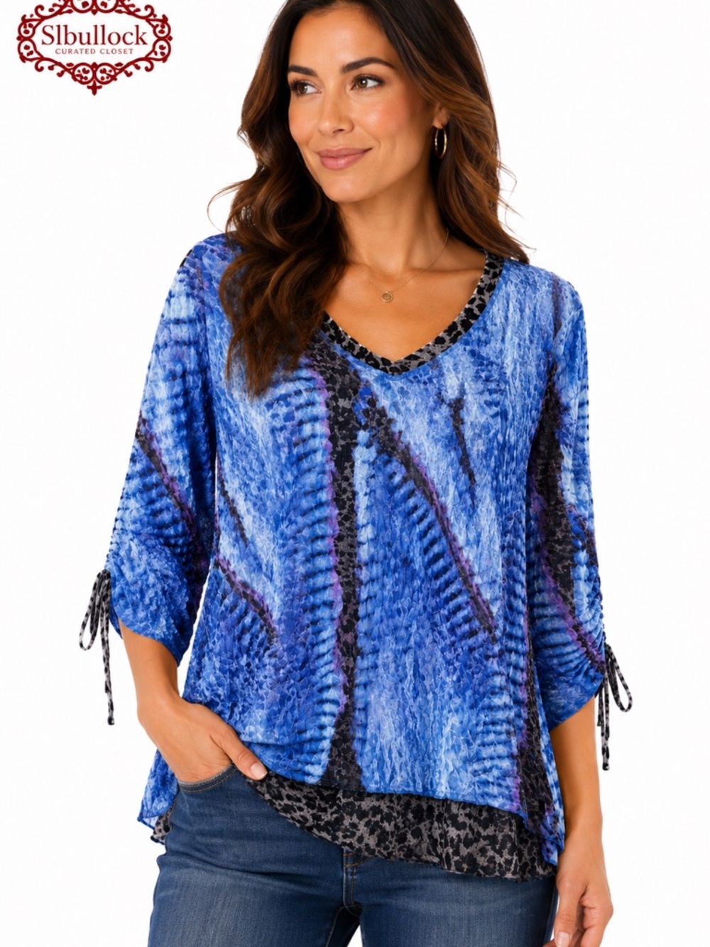 Carine Boutique Sedona Crinkle Blue V Neck Tunic Top Ruched Sleeve Boho Blouse L